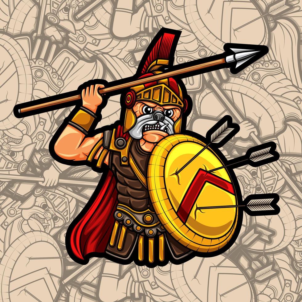 Cute pug dog spartan warrior with shield and spear illustration vector
