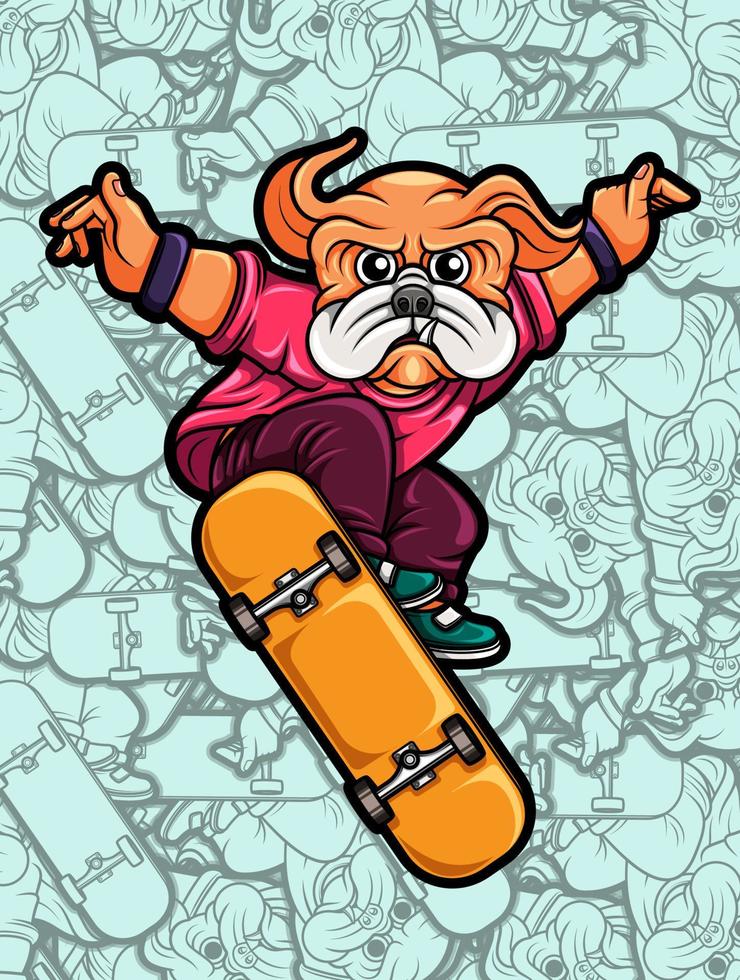 Cute pug dog skateboarding illustration vector