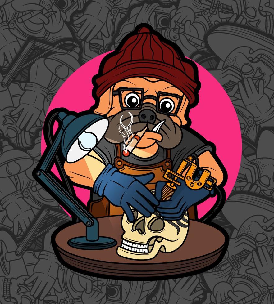 Cute pug dog tattoo artist with skull illustration 13001374 Vector Art