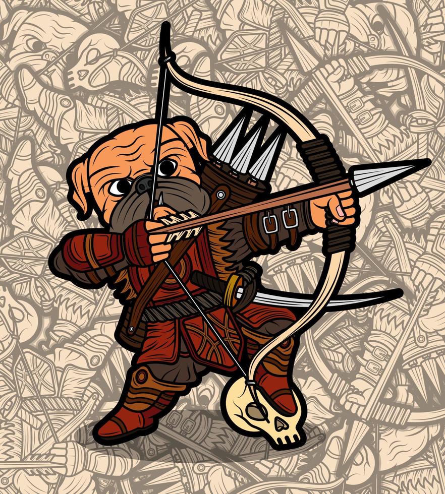 Cute pug dog warrior with archery illustration vector