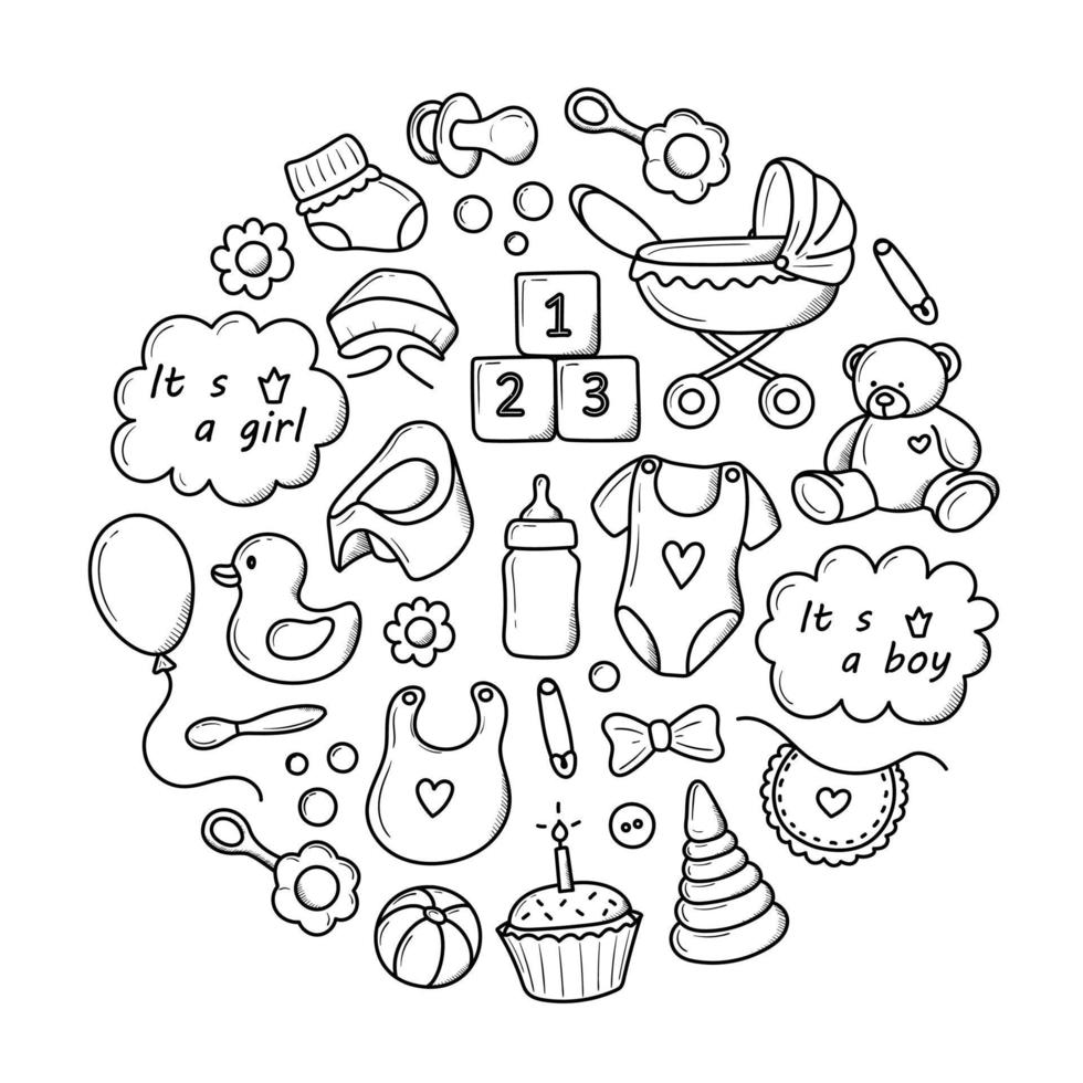 a set of elements of born children hand-drawn in doodle style vector
