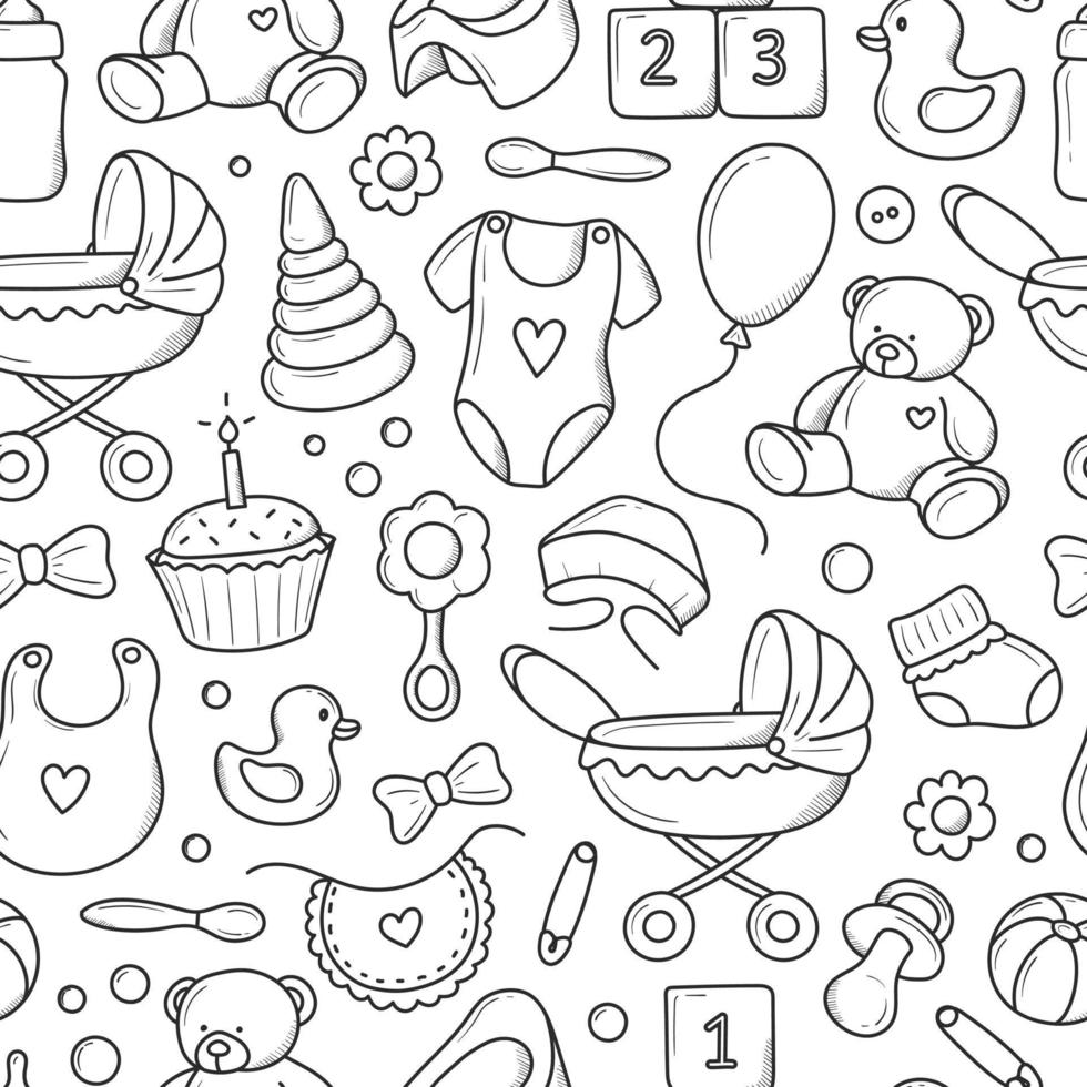 children's pattern with items for newborns hand-drawn in doodle style vector