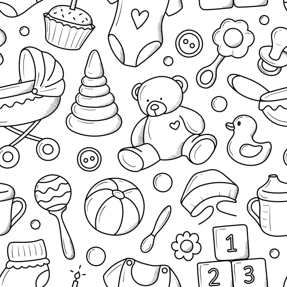 children's pattern with items for newborns hand-drawn in doodle style vector