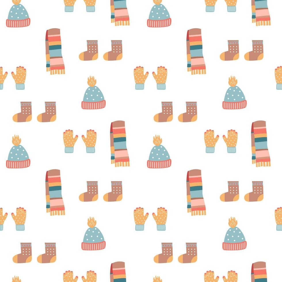 Seamless pattern of hat, scarf, gloves and boots. vector illustration