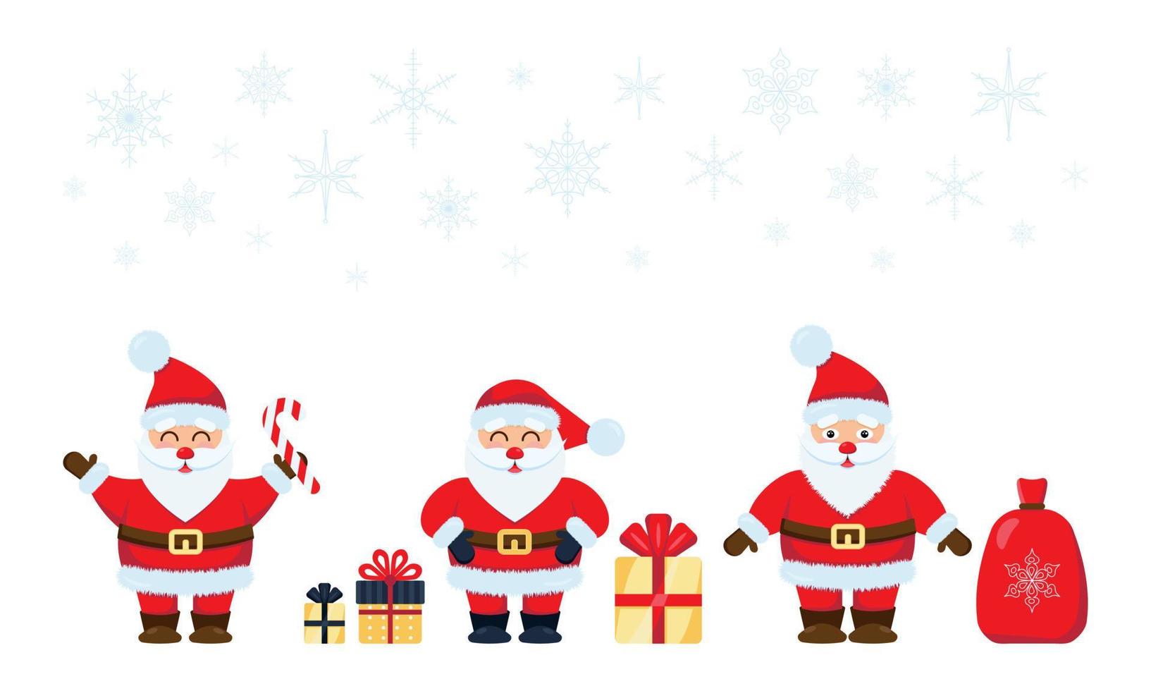 Set of three cute Santa Claus with gifts. vector illustration