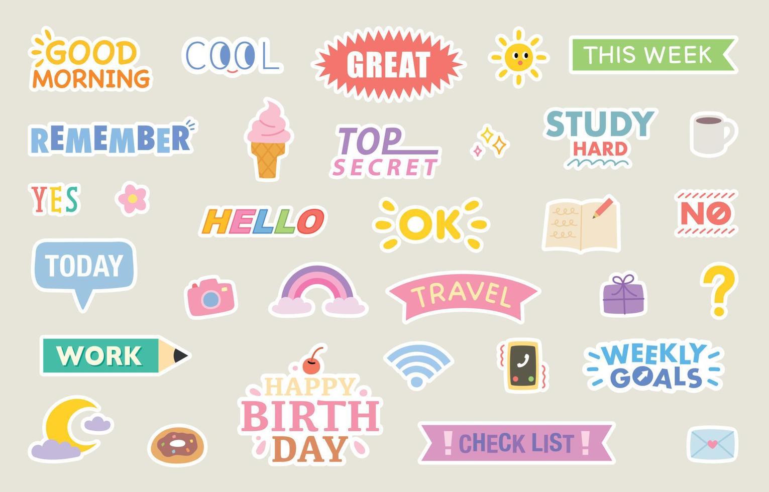 Cute diary sticker design set. flat vector illustration.