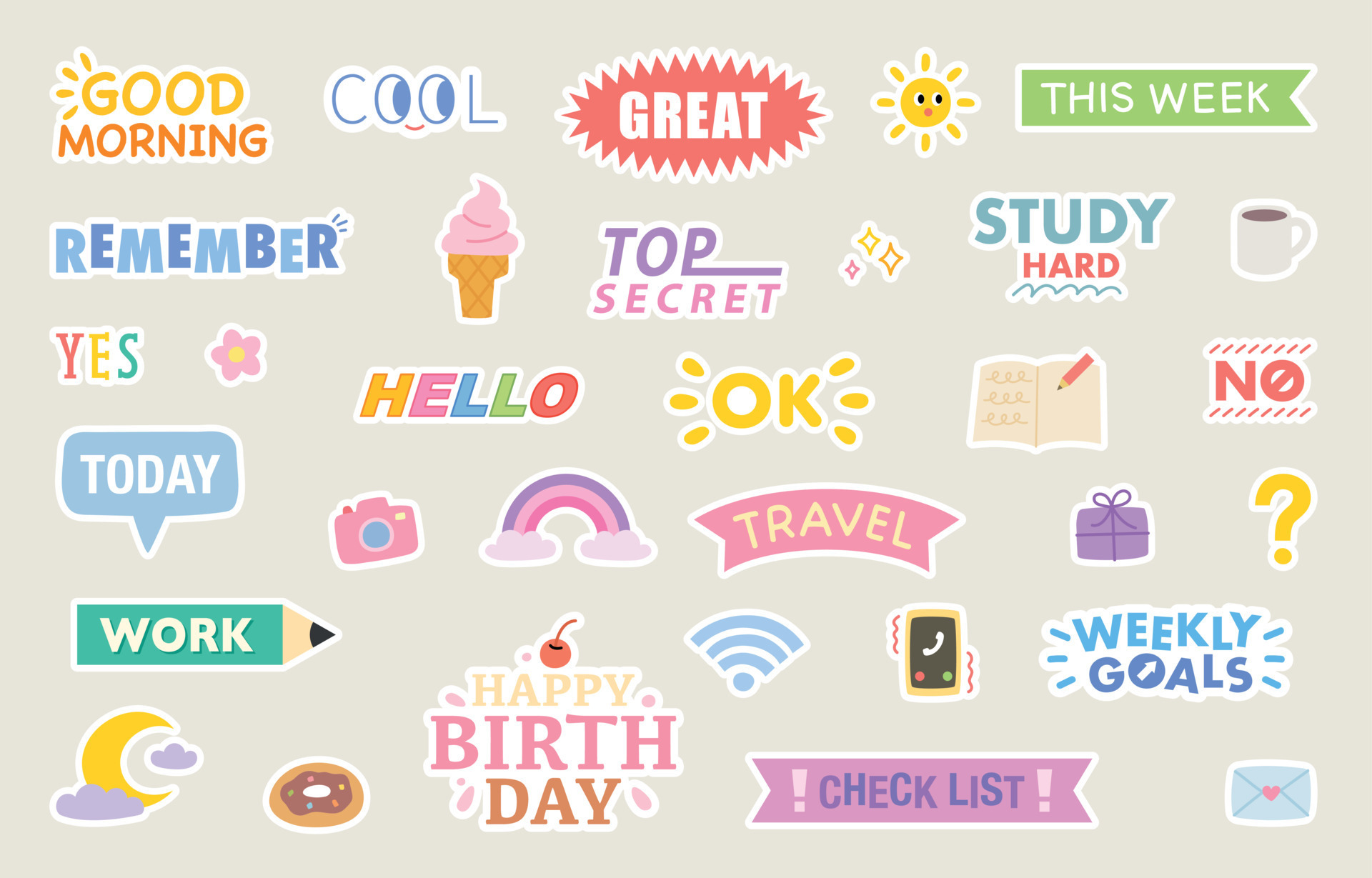 Cute Diary Sticker Design Set Flat Vector Illustration 13001481 Vector Art At Vecteezy 