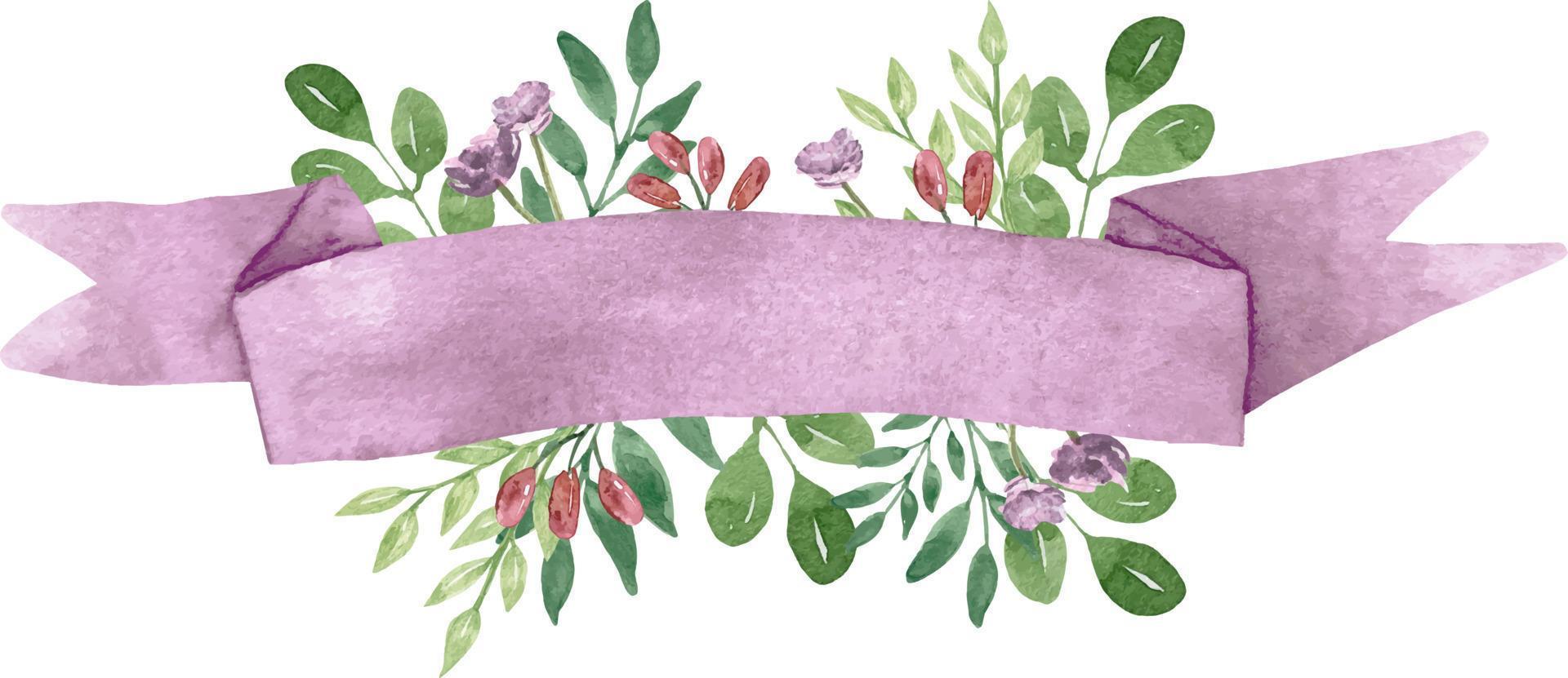 Watercolor pink rolled ribbons with flowers. Pink abstract ribbons banners green leaves. vector