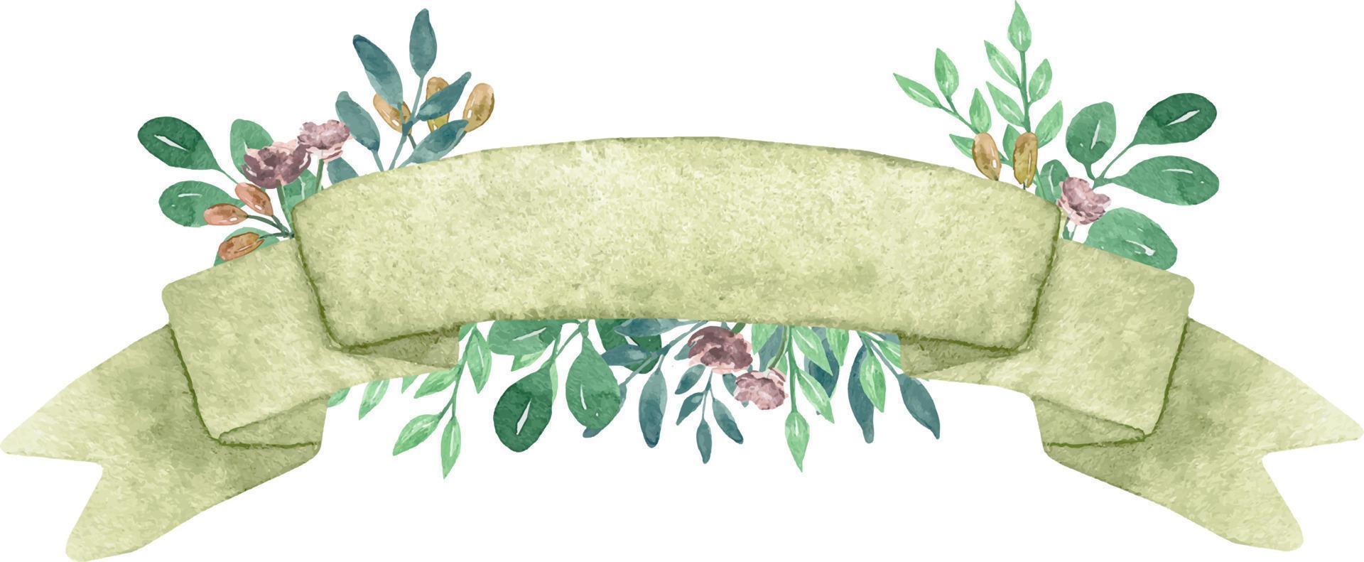 Watercolor green rolled ribbons with flowers. green abstract rib vector