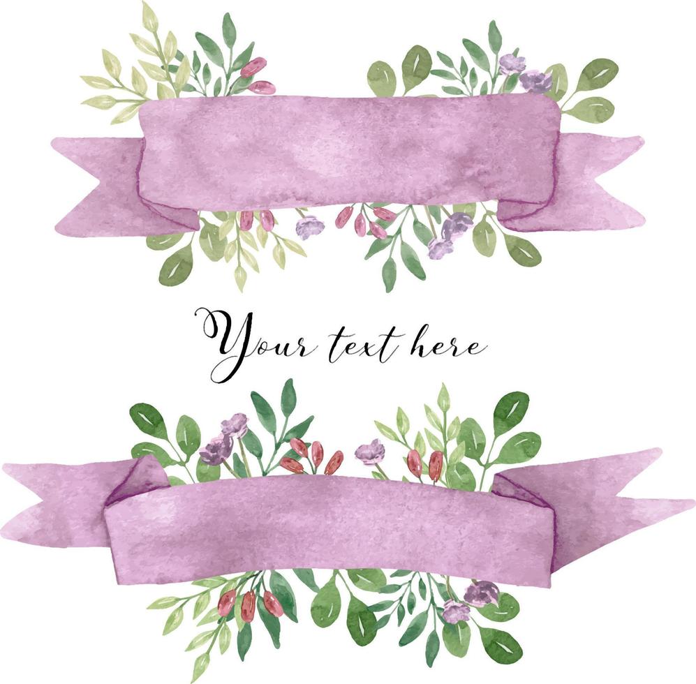 Watercolor pink rolled ribbons with flowers. Pink abstract ribbons banners green leaves. vector