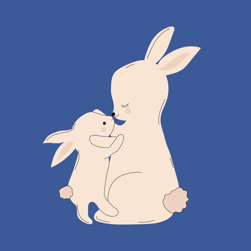 2 cute rabbits, mom and baby. Mascot 2023. Isolated flat vector illustration.