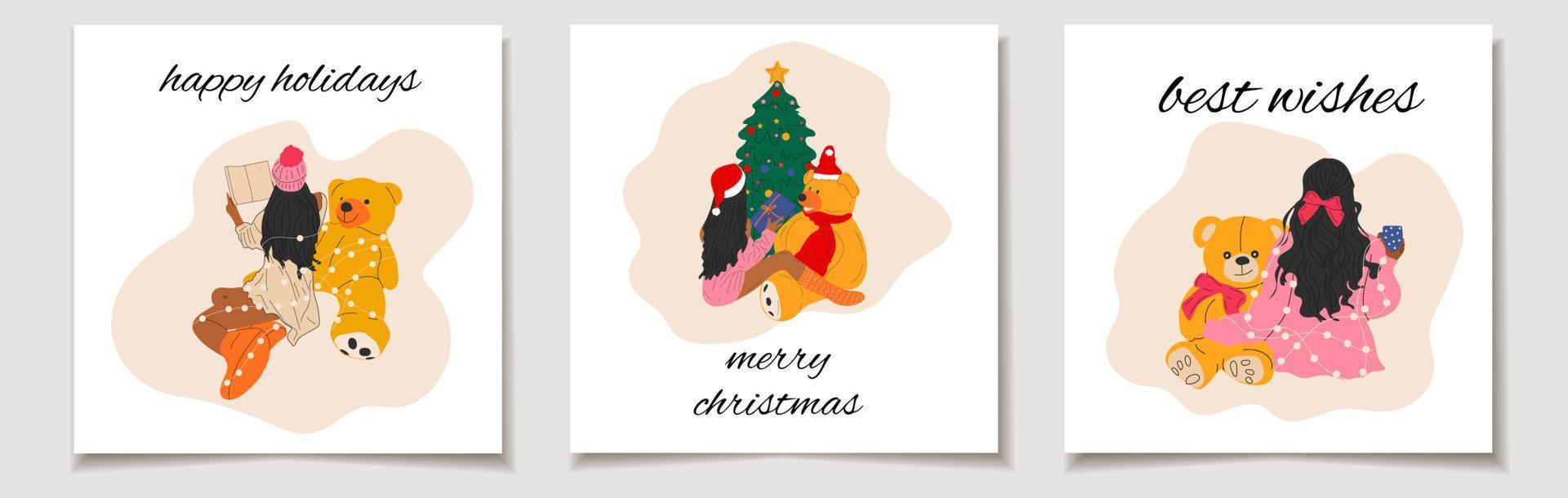 Christmas vector gift card or tag set Girls that are sits with a teddy bear wrapped in a garland near the Christmas tree merry christmas lettering, best wishes.