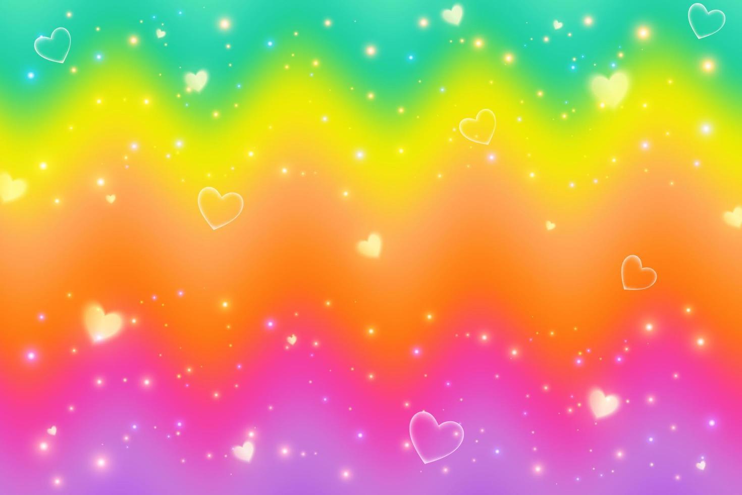 Rainbow wavy background with stars hearts and sparkles. Striped multicolor gradient glitter pattern. Vector bright banner.