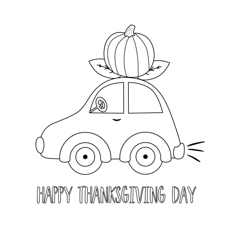 Thanksgiving day coloring page. Pumpkin car coloring book for kids. Black and white cartoon car. Fall harvest vector page to be colored. Easy autumn illustration contour. Game, leisure activity page.