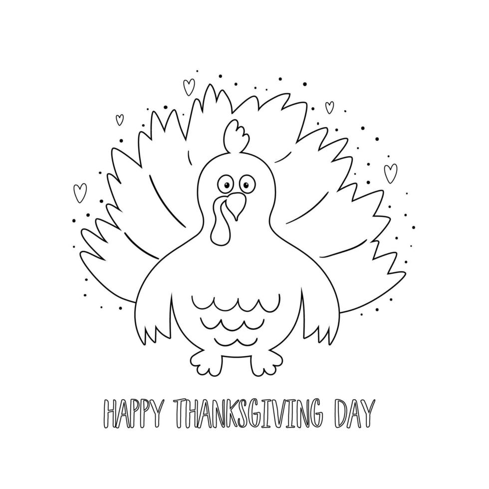 Turkey coloring page. Easy Thanksgiving turkey coloring book. Black and white cartoon turkey. Cute vector Illustration. Farm bird animal for coloring book, printable. Thanksgiving day page be colored