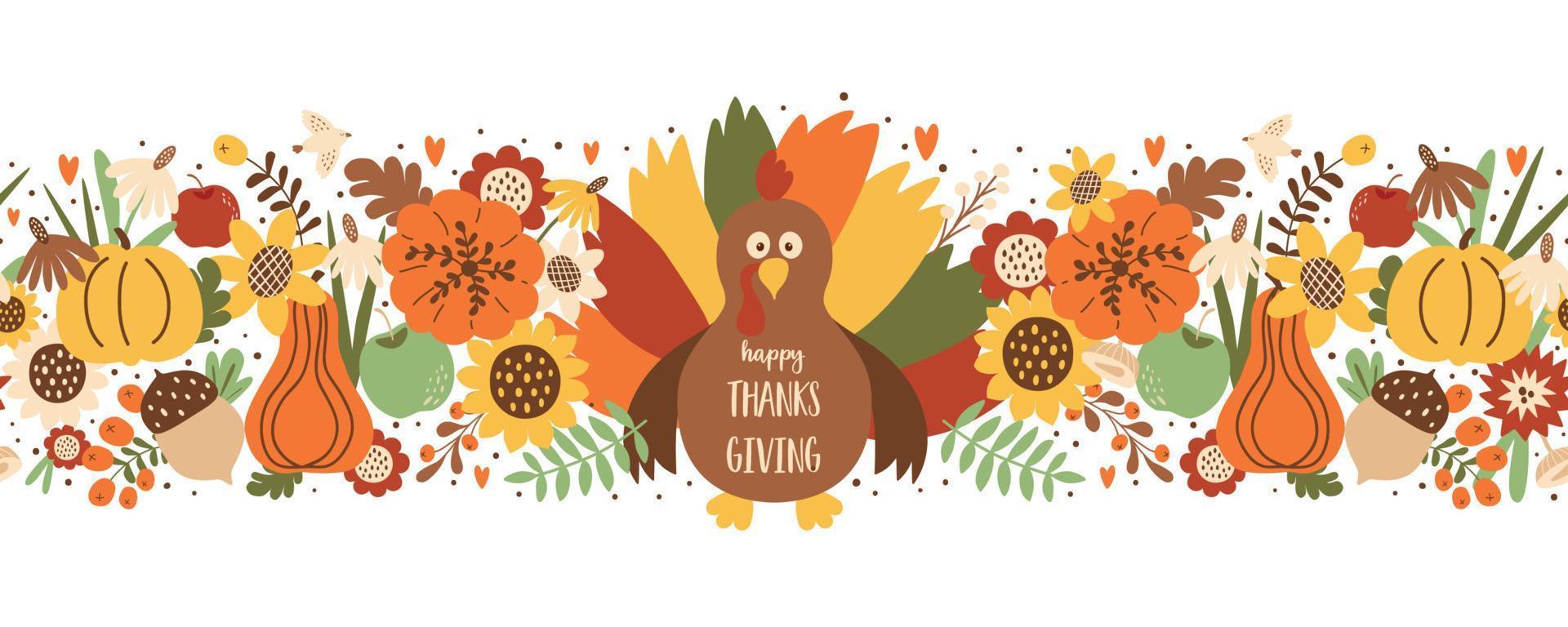 Thanksgiving day horizontal seamless border with turkey, Harvest Pumpkin, autumn leaves sunflower Fall floral endless banner vector illustration. Happy Thanksgiving day decorative repeated border.