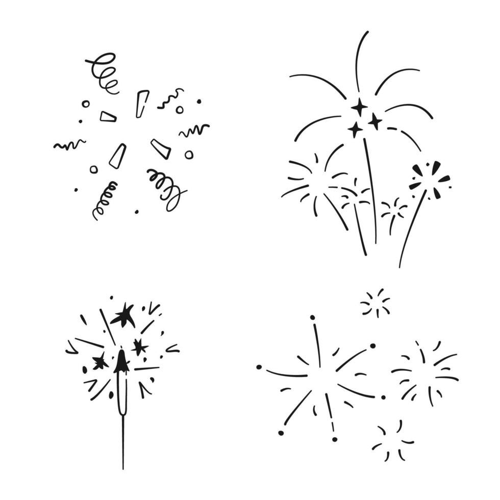 Set of simple doodle confetti, sparkler and fireworks. Collection of hand drawn elements holiday. Vector illustration