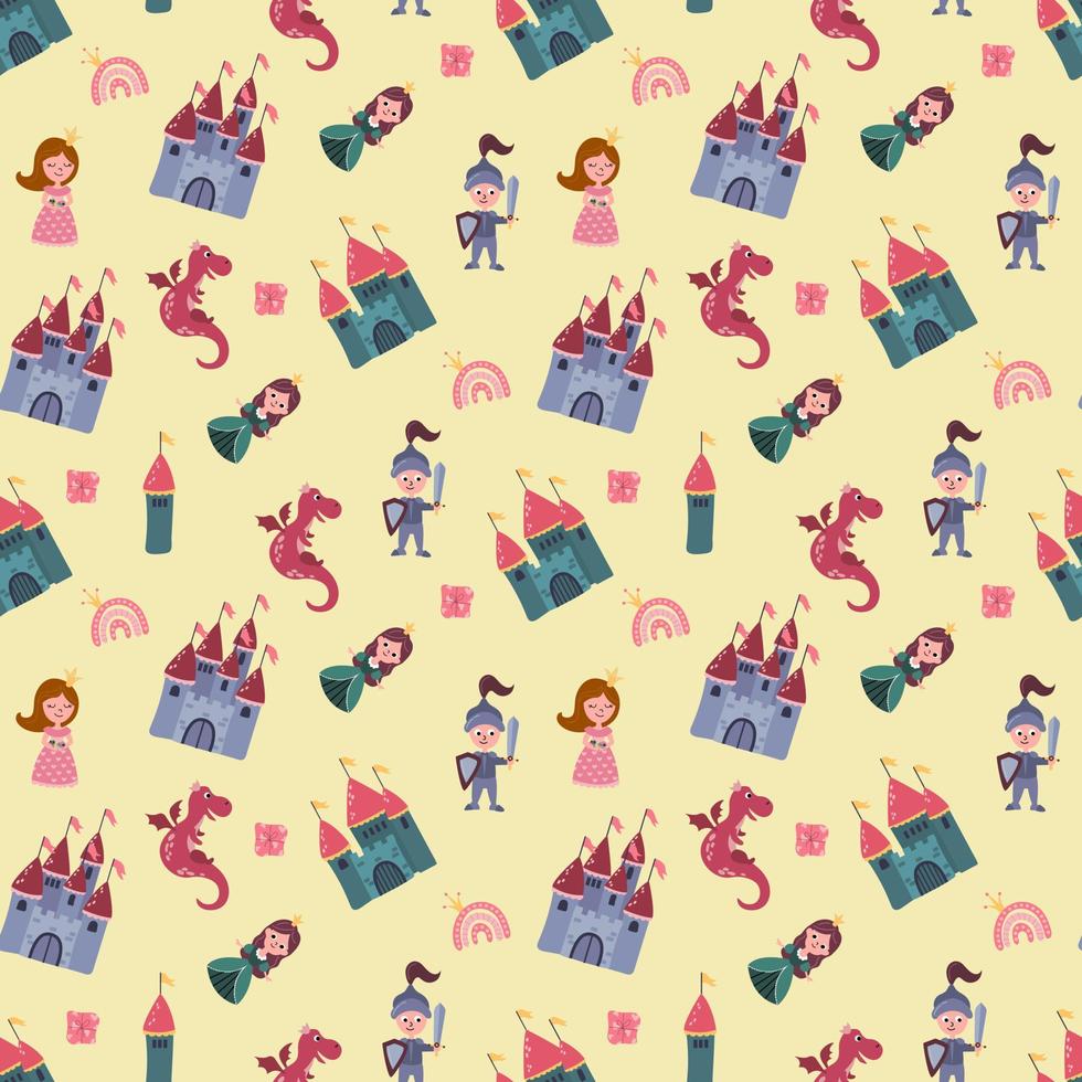 Seamless pattern with princess, prince, castle and dragon. Design for fabric, textile, wallpaper, packaging. vector