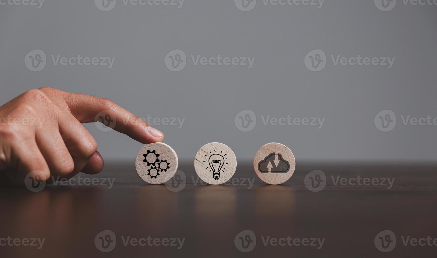 Target or goal with strategy plan, success business revenue concept. Symbols of arrows, diagrams businesses are present on wood cube. objective management, achievement startup, growth marketing idea. photo