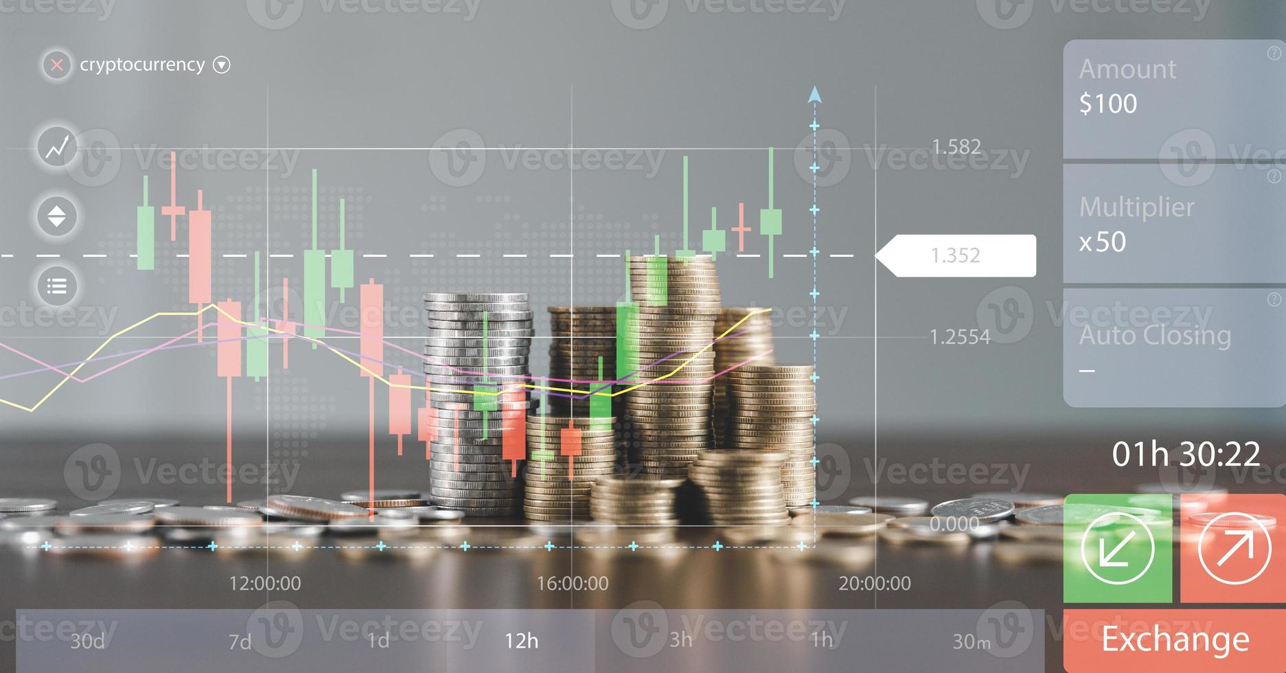 Banking Finance Investment Business Concept. Double exposure image of bank or coin money and graph chart with city background. Account management diagram with market growth statistics. economy datum. photo