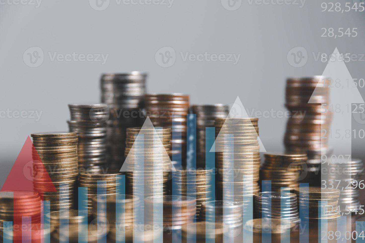 Banking Finance Investment Business Concept. Double exposure image of bank or coin money and graph chart with city background. Account management diagram with market growth statistics. economy datum. photo