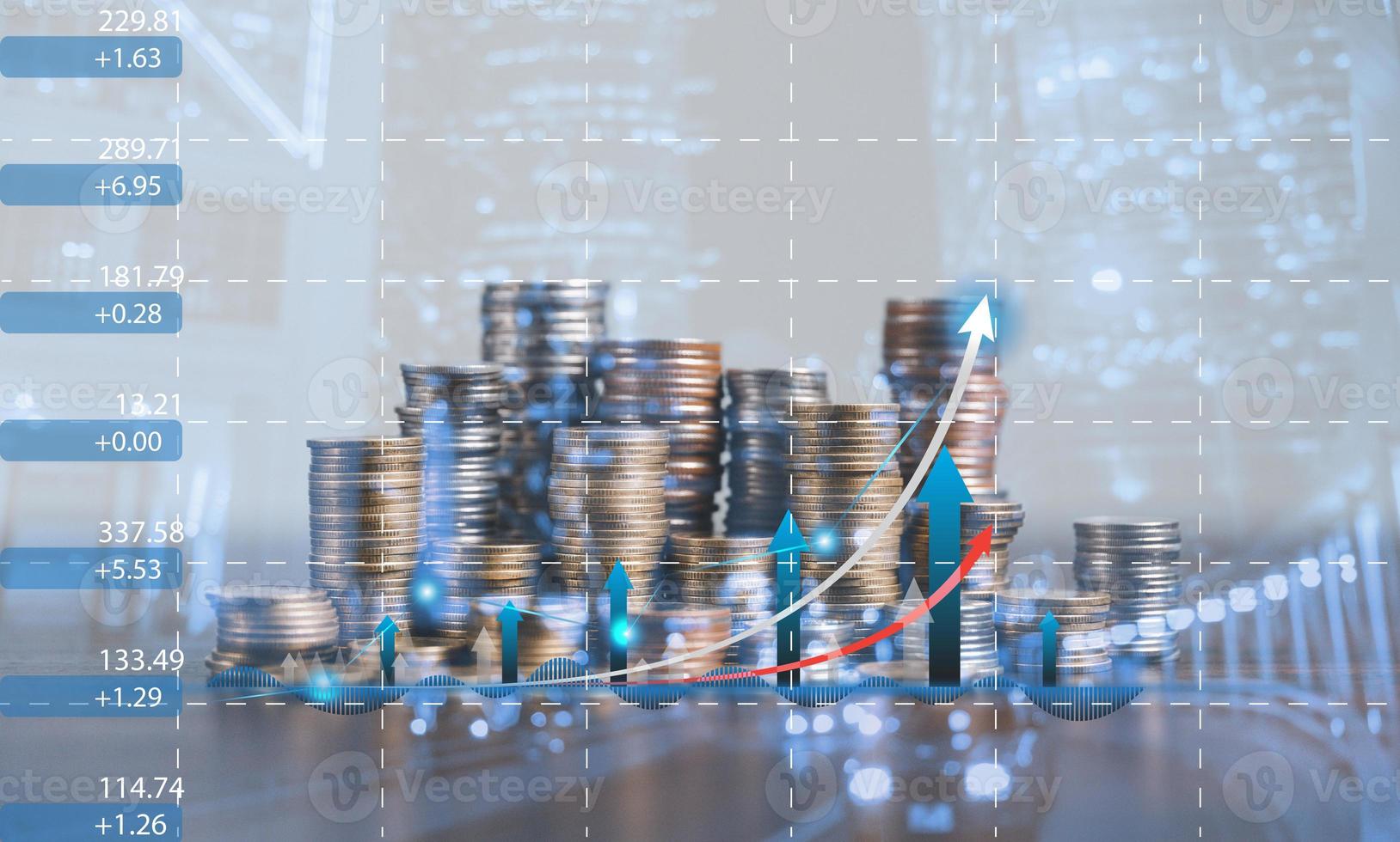 Banking Finance Investment Business Concept. Double exposure image of bank or coin money and graph chart with city background. Account management diagram with market growth statistics. economy datum. photo