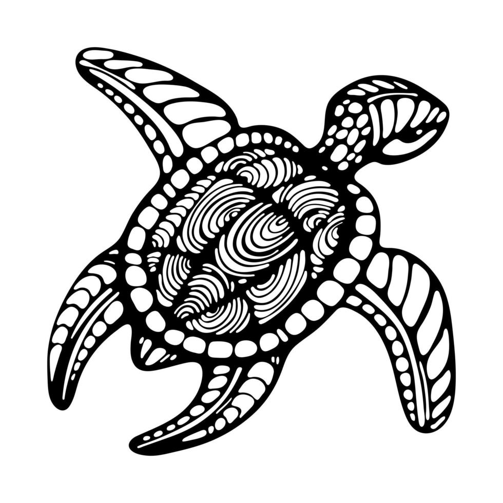silueta de tortuga marina estilo grabado para logotipo de diseño, tatuaje animal, ilustración de vector de libro de color