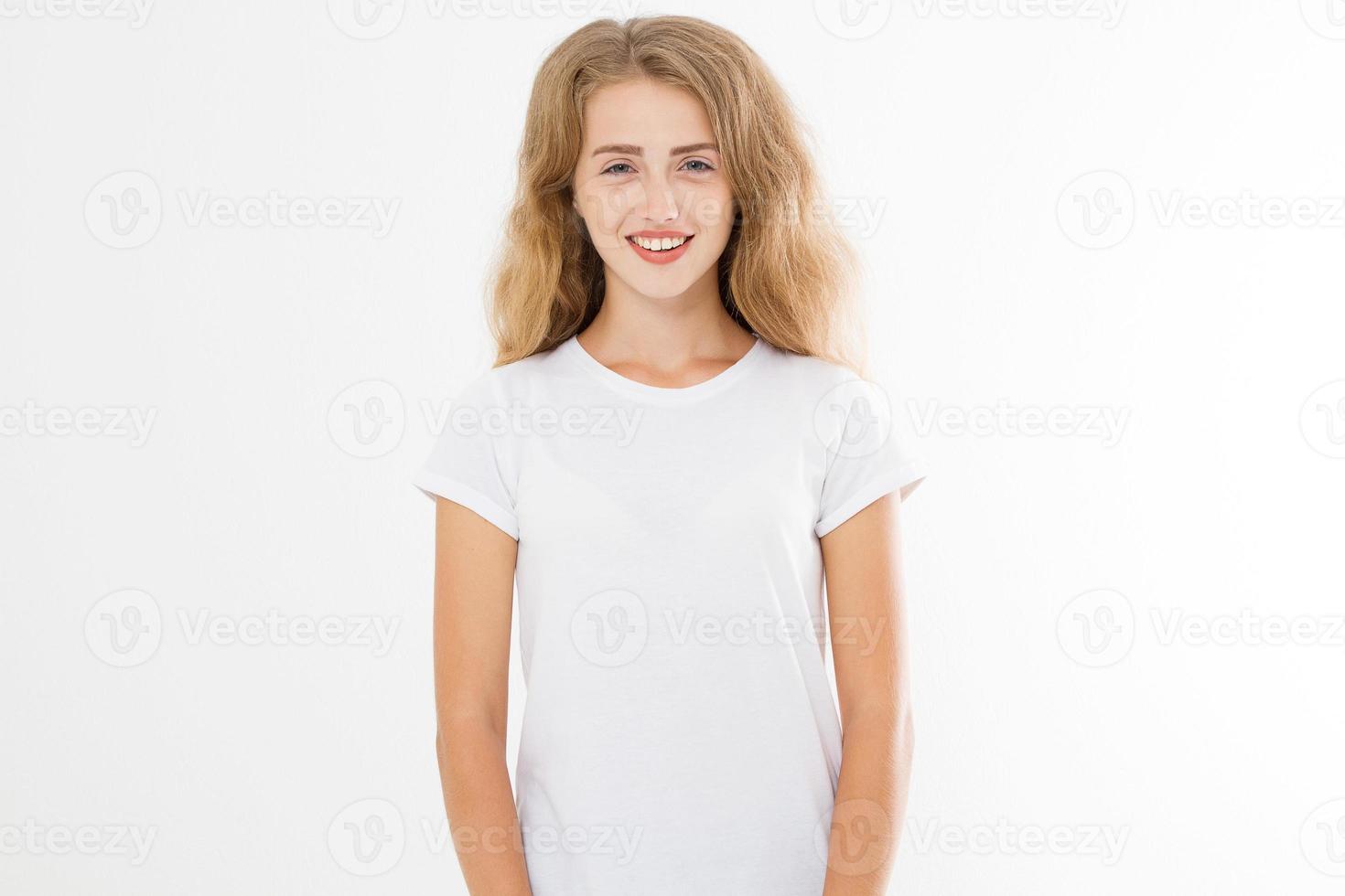 Young caucasian blonde girl isolated on white background. Copy space. Mock up. Summer woman clothes blank template white t shirt. Perfect skin. Skincare and makeup concept. photo