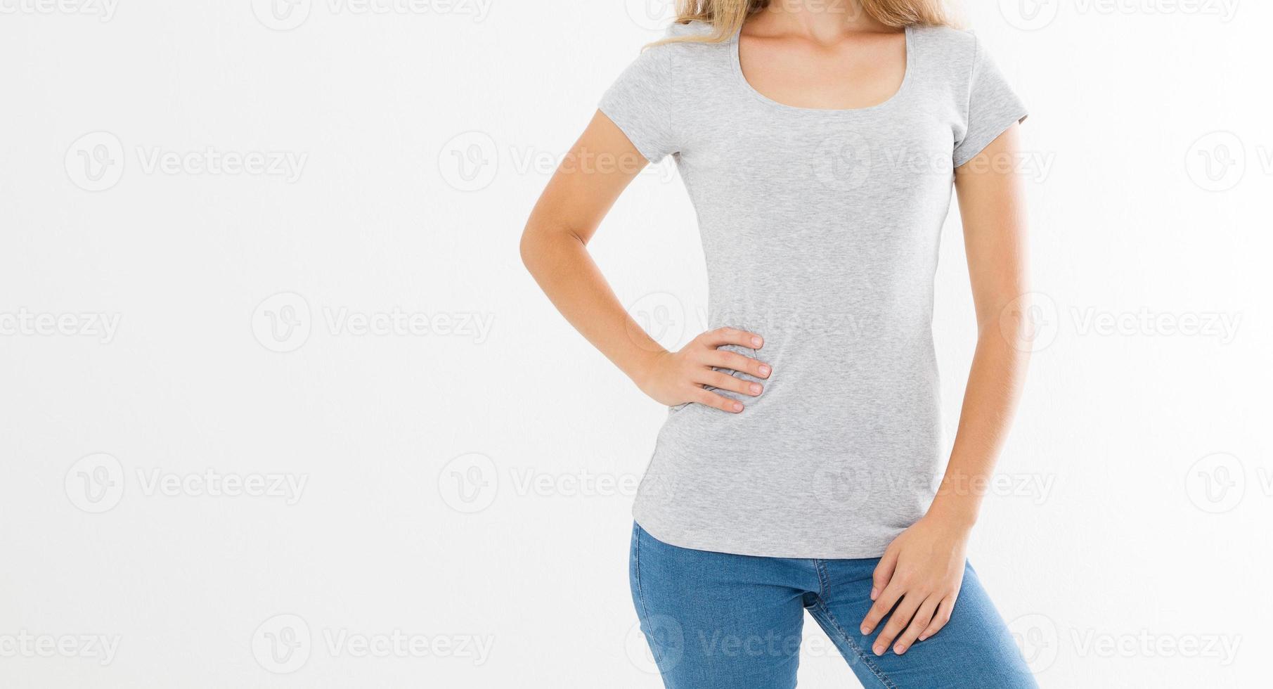 Mockup T shirt banner. Front blank template tshirt view. Woman girl in summer clothes with place for print and advertisement. Copy space. Cropped image. photo