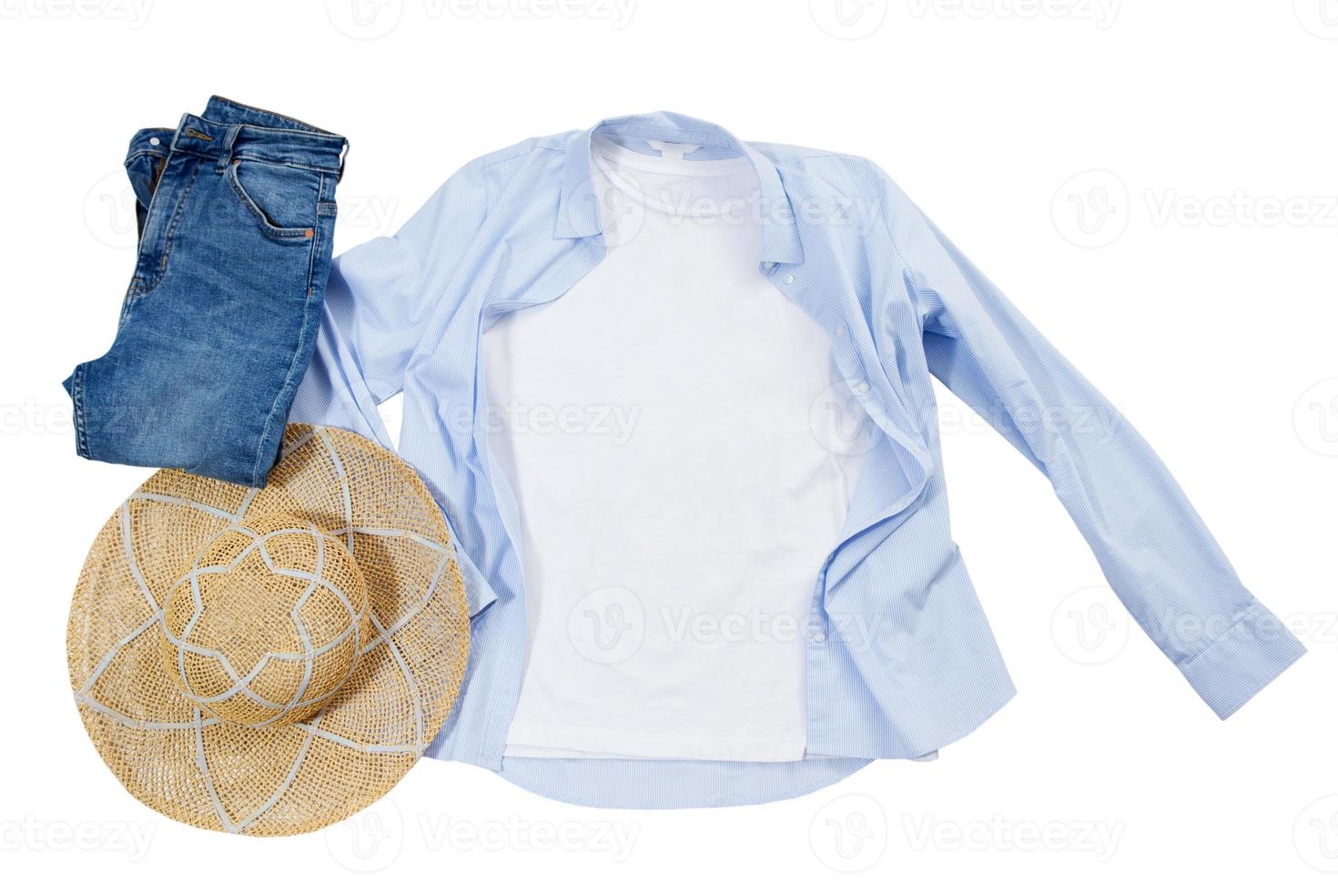 Summer White closeup t shirt mock up flat lay isolated on white background. Top view and copy space. Mockup t-shirt and summertime. Template blank shirt. photo