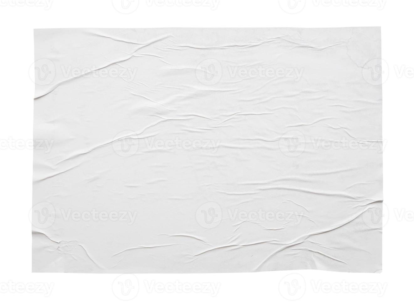 Blank white crumpled and creased sticker paper poster texture isolated on white background photo