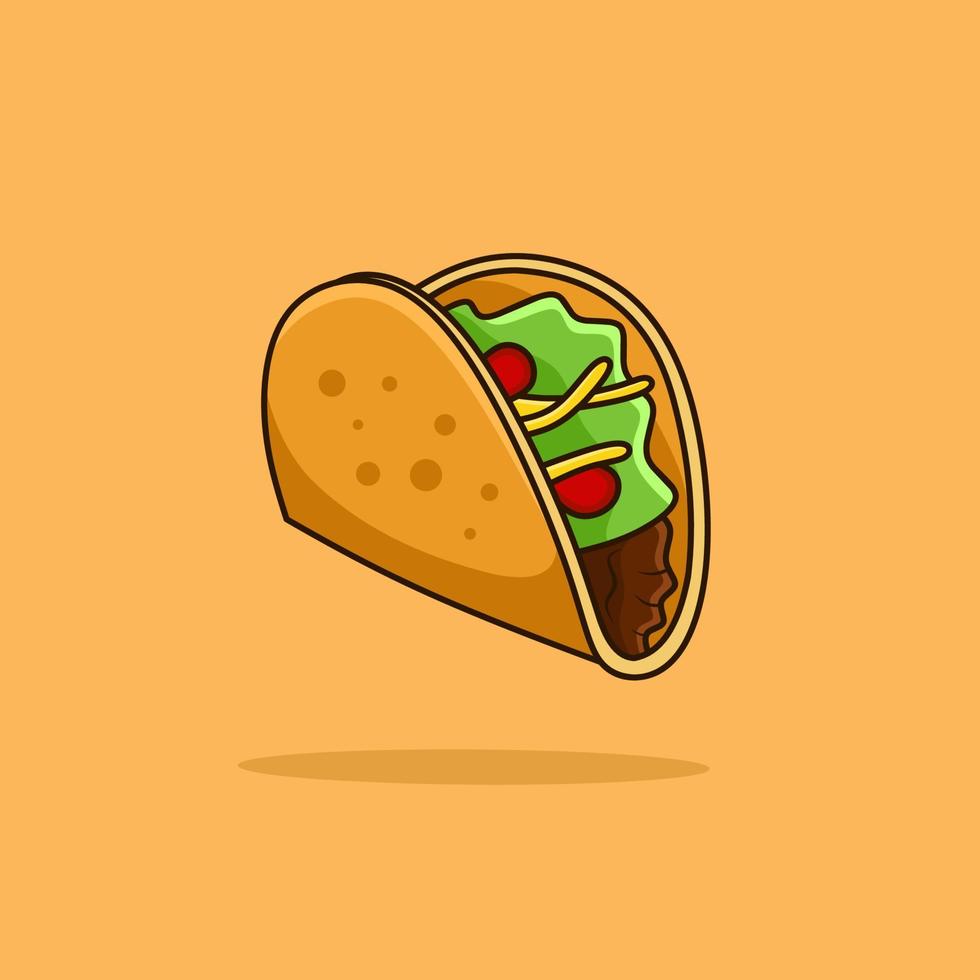 Taco with meat, vegetable and tortilla. Traditional mexican fast-food. Vector illustration