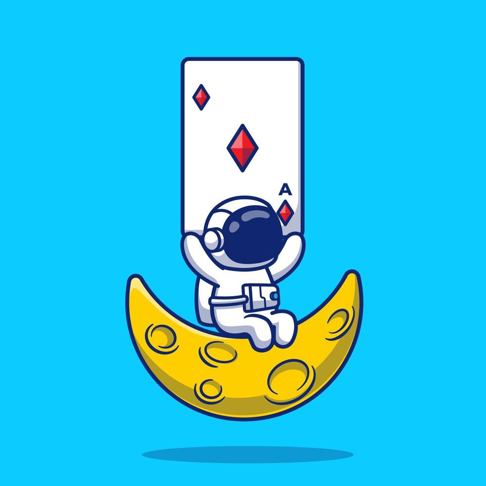 Cute Astronaut Holding Diamond Card On Moon Cartoon Vector Icon Illustration. Science Technology Icon Concept Isolated Premium Vector. Flat Cartoon Style