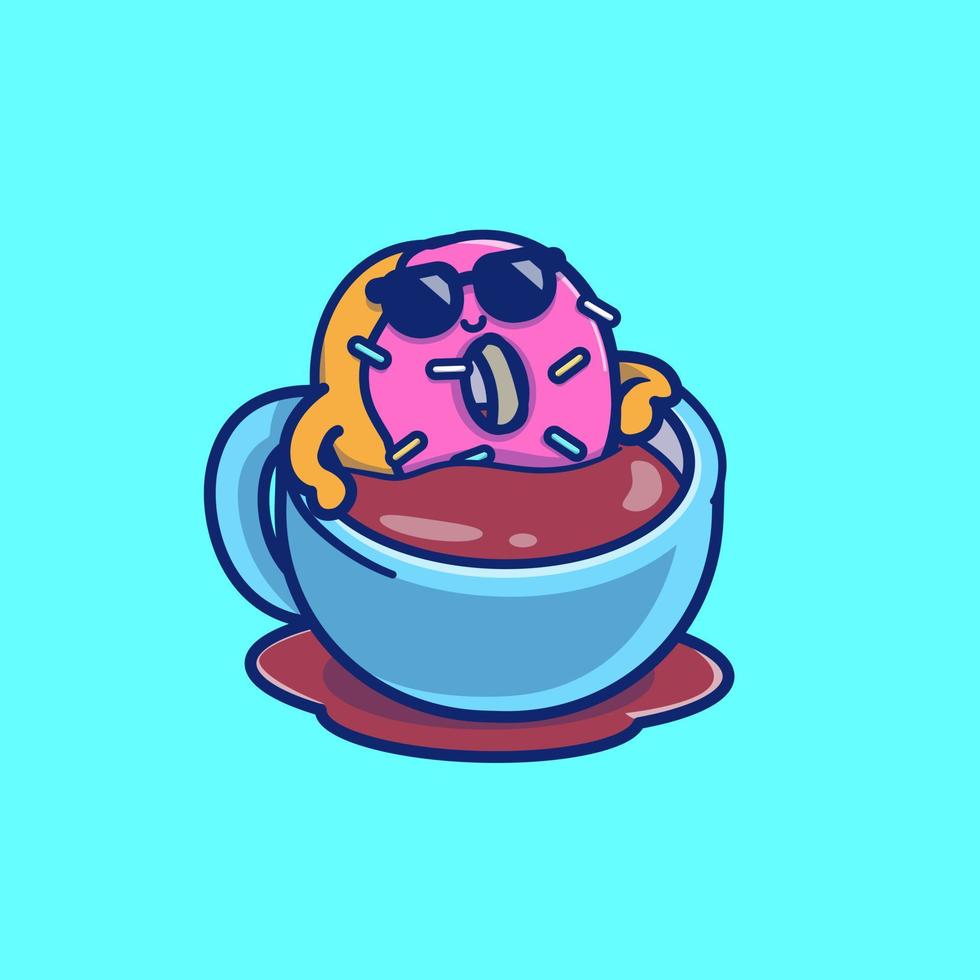 Cute Doughnut Relaxing On Coffee Cartoon Vector Icon Illustration. Food And Drink Icon Concept Isolated Premium Vector. Flat Cartoon Style