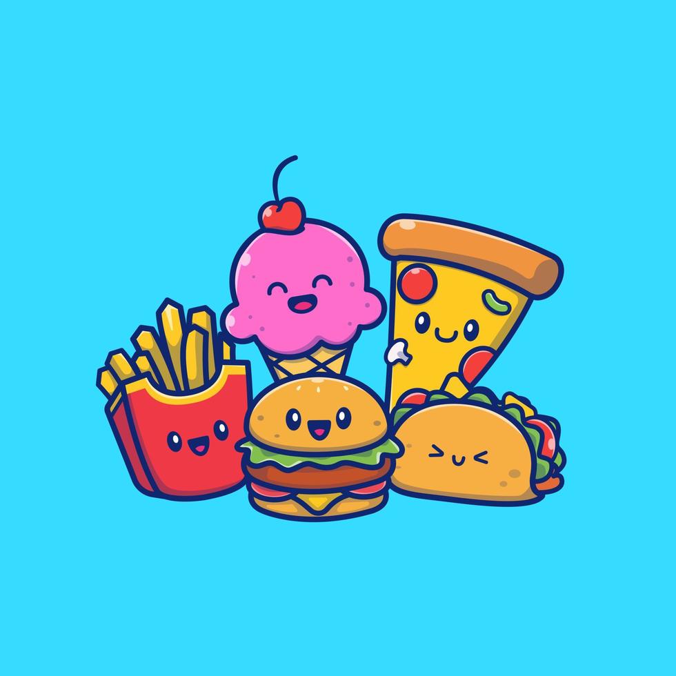 Cute Burger With Taco, French Fries, Pizza, And Ice Cream Cartoon Vector Icon Illustration. Food Icon Concept Isolated Premium Vector. Flat Cartoon Style