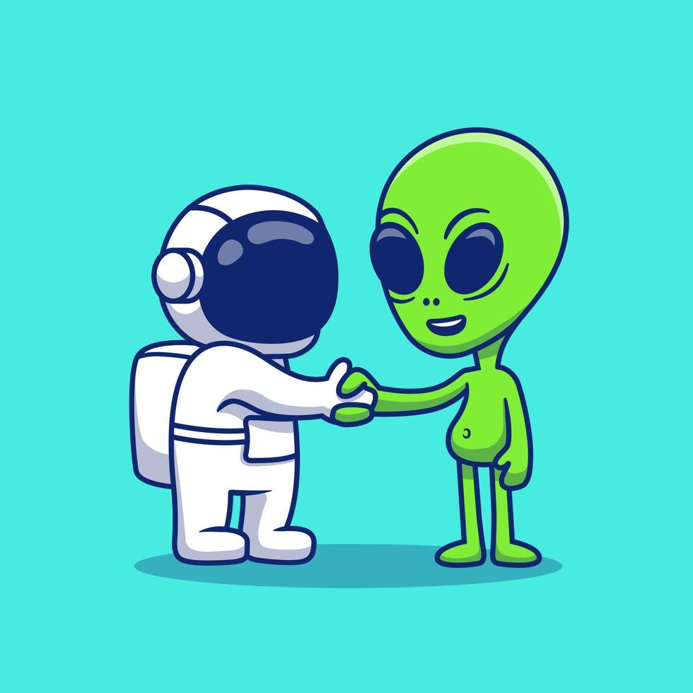 Lindo apretón de manos de astronauta con ilustración de icono de vector de dibujos animados alienígena. ciencia tecnología icono concepto aislado vector premium. estilo de dibujos animados plana