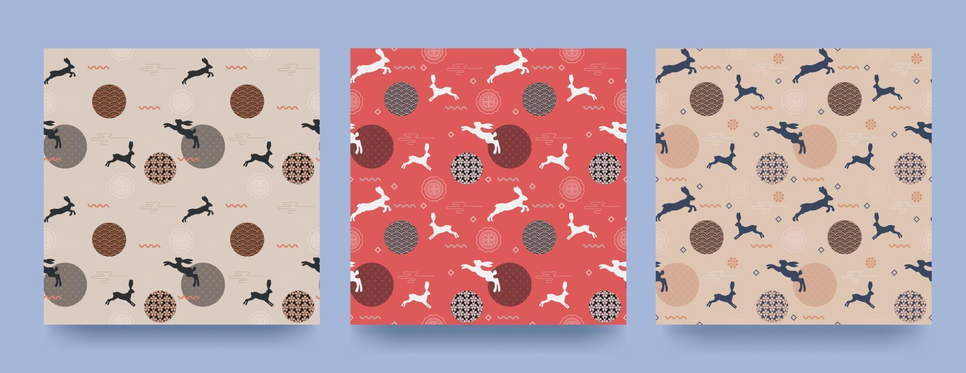 Set of Chinese New Year design patterns with jumping rabbits and traditional patterns and elements. Vector illustration