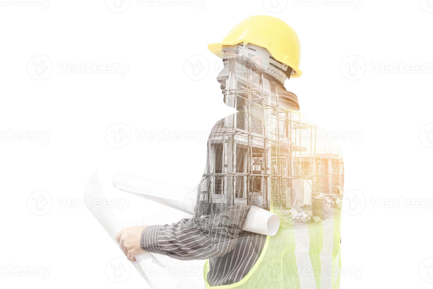 Double exposure image of professional engineer in protective helmet and blueprints paper at the house building construction site photo