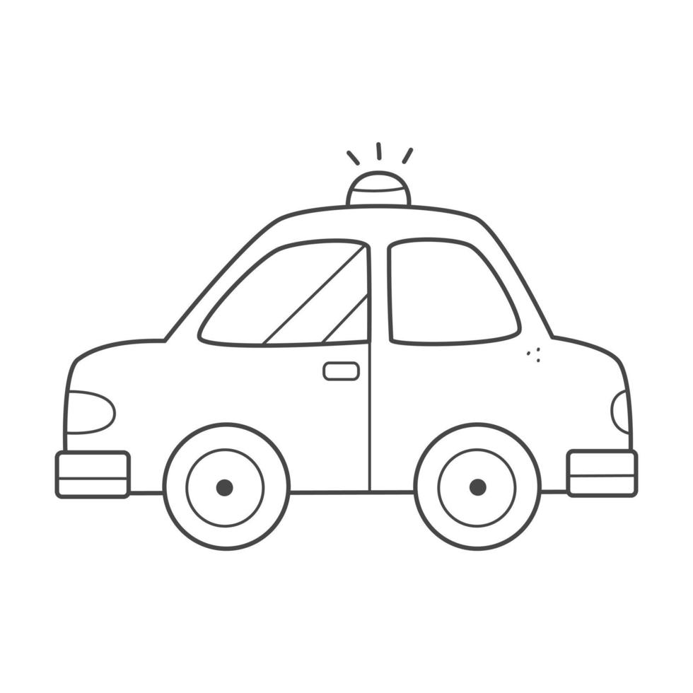 Children's coloring page with a car. Taxi coloring book. Vector black and white illustration.