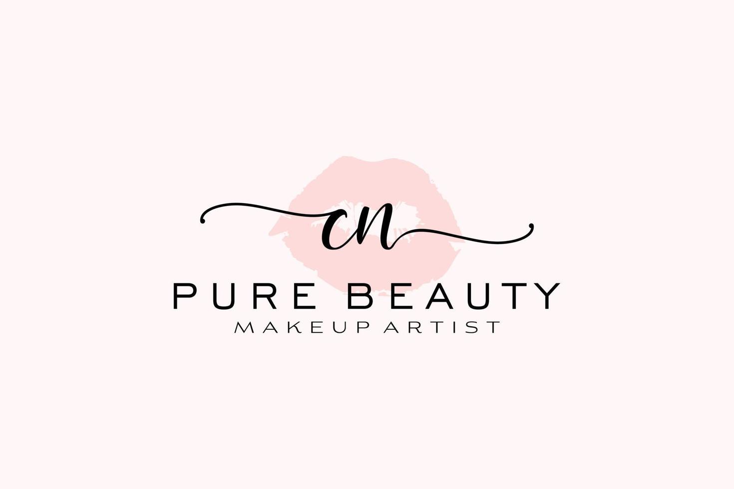 diseño de logotipo prefabricado de labios de acuarela cn inicial, logotipo para marca comercial de artista de maquillaje, diseño de logotipo de boutique de belleza rubor, logotipo de caligrafía con plantilla creativa. vector