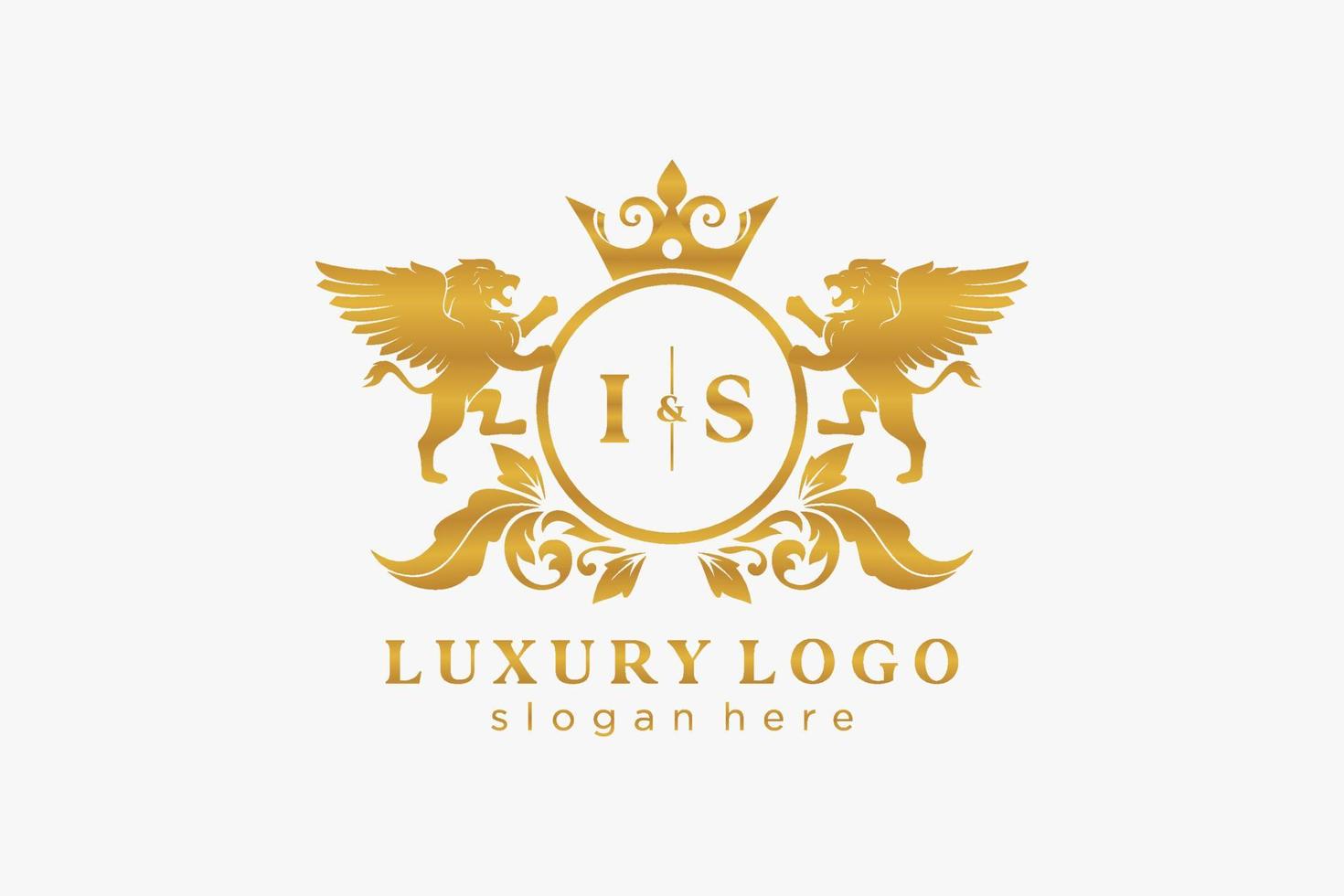 Initial IS Letter Lion Royal Luxury Logo template in vector art for Restaurant, Royalty, Boutique, Cafe, Hotel, Heraldic, Jewelry, Fashion and other vector illustration.