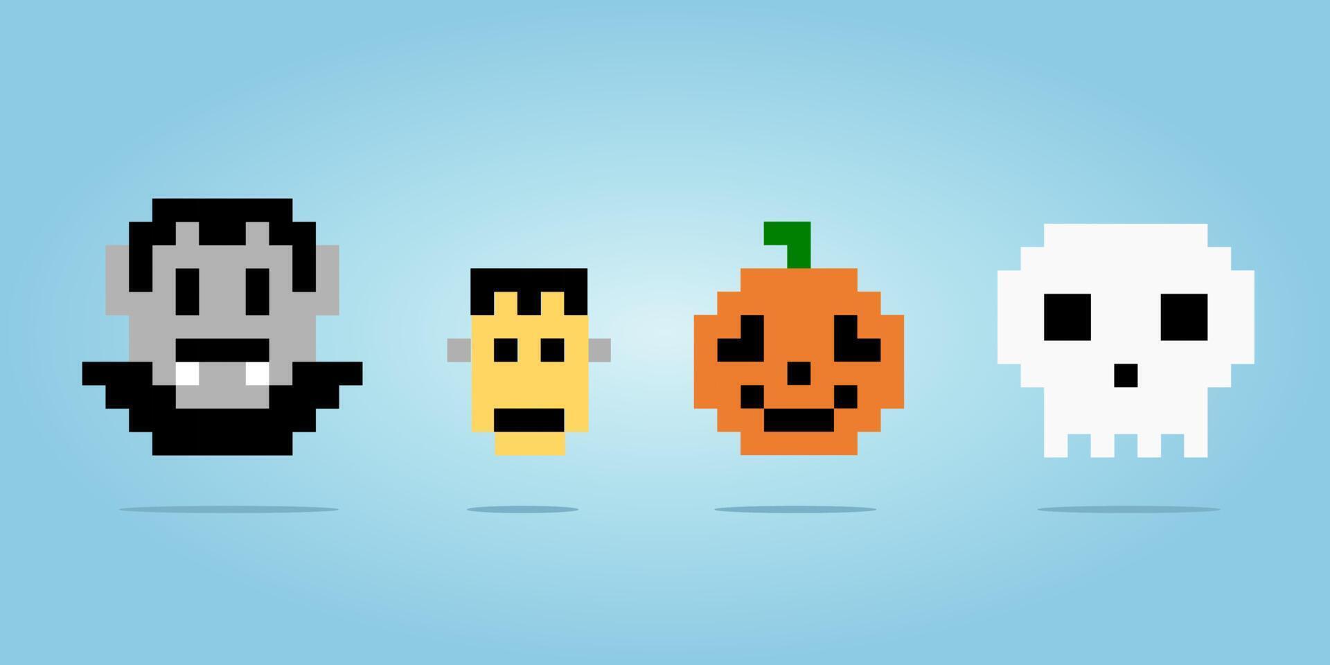 8 bit Pixel dracula skull pumpkin and scary face for Halloween themes in vector illustration