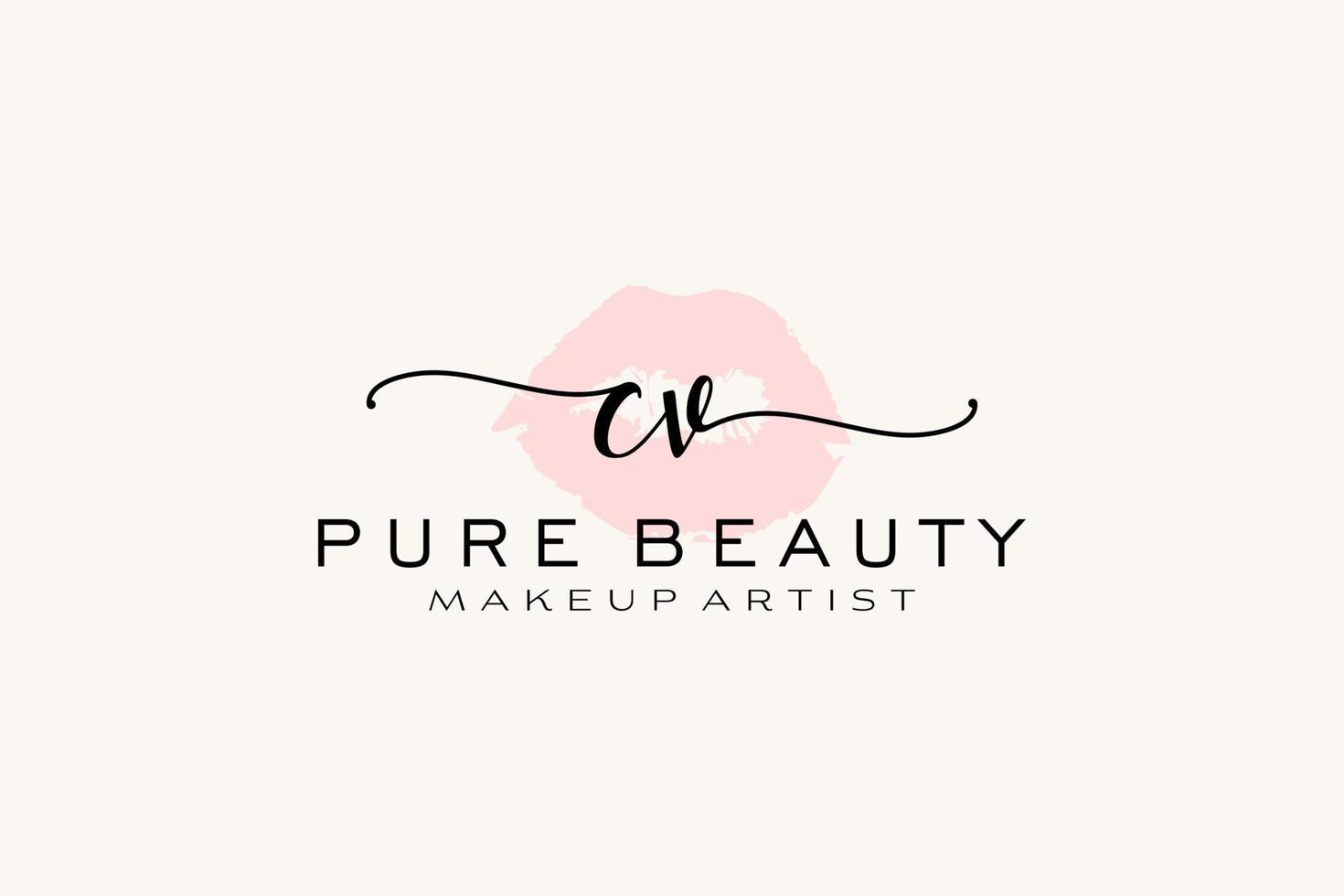 Initial CV Watercolor Lips Premade Logo Design, Logo for Makeup Artist Business Branding, Blush Beauty Boutique Logo Design, Calligraphy Logo with creative template. vector