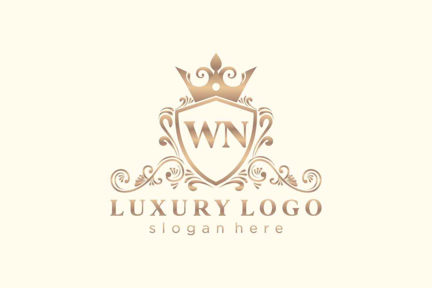 Initial WN Letter Royal Luxury Logo template in vector art for Restaurant, Royalty, Boutique, Cafe, Hotel, Heraldic, Jewelry, Fashion and other vector illustration.