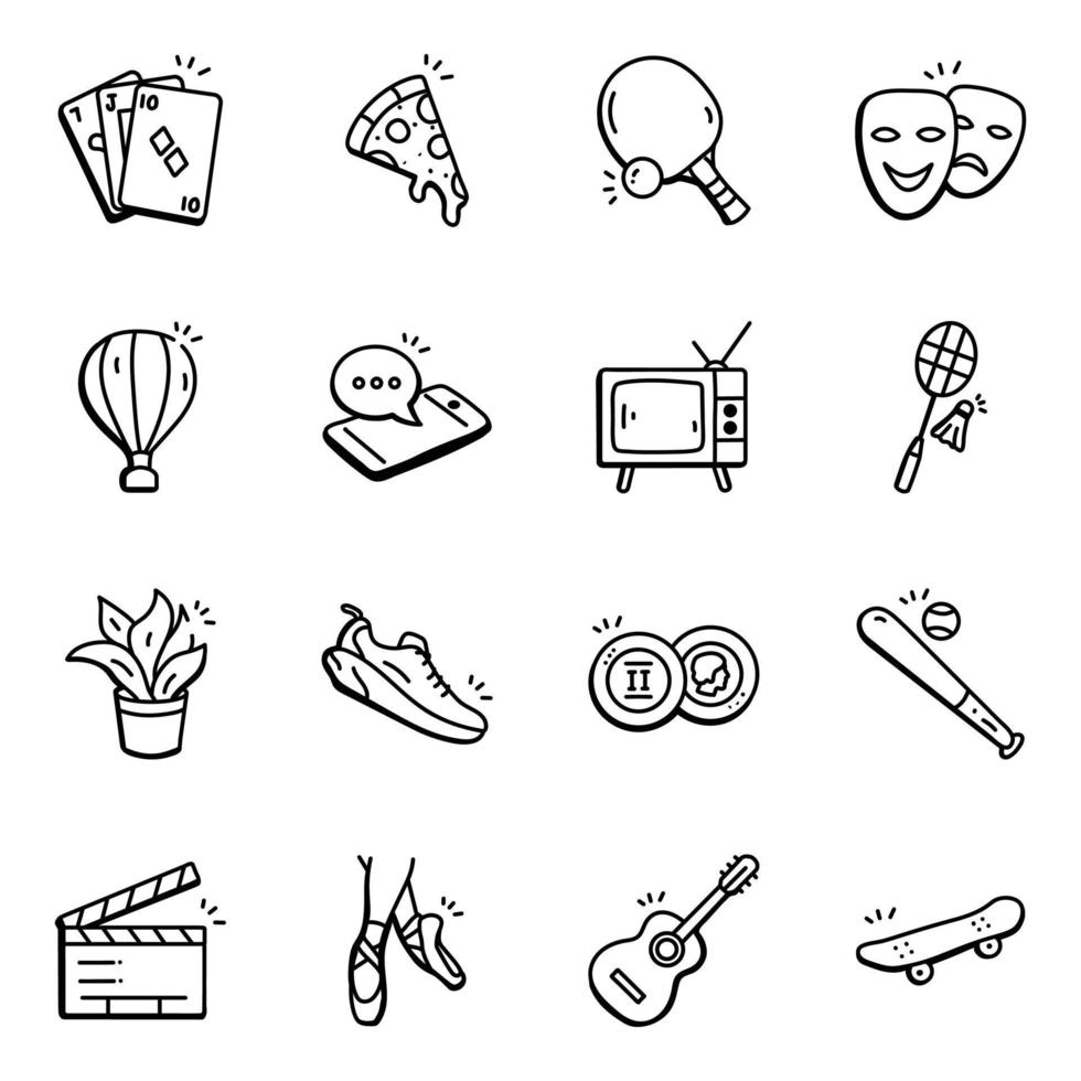 conjunto de pasatiempos pasatiempos iconos dibujados a mano vector