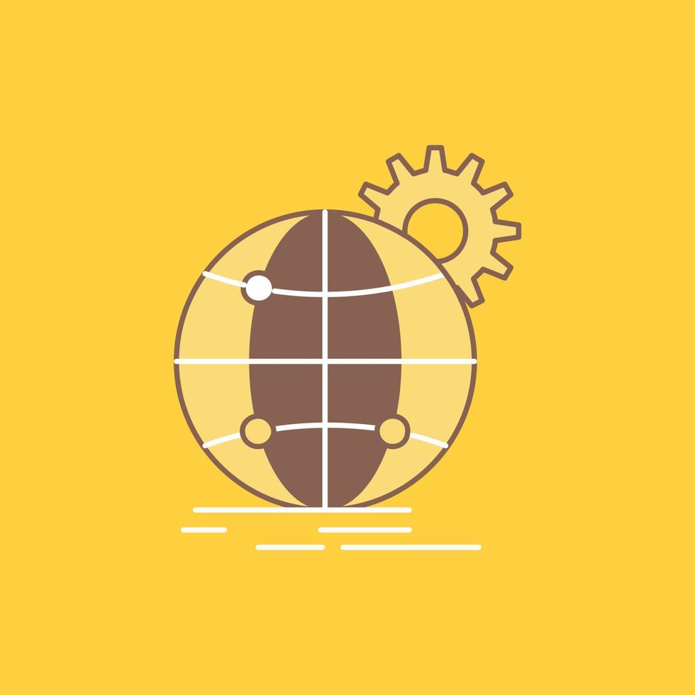 international. business. globe. world wide. gear Flat Line Filled Icon. Beautiful Logo button over yellow background for UI and UX. website or mobile application vector