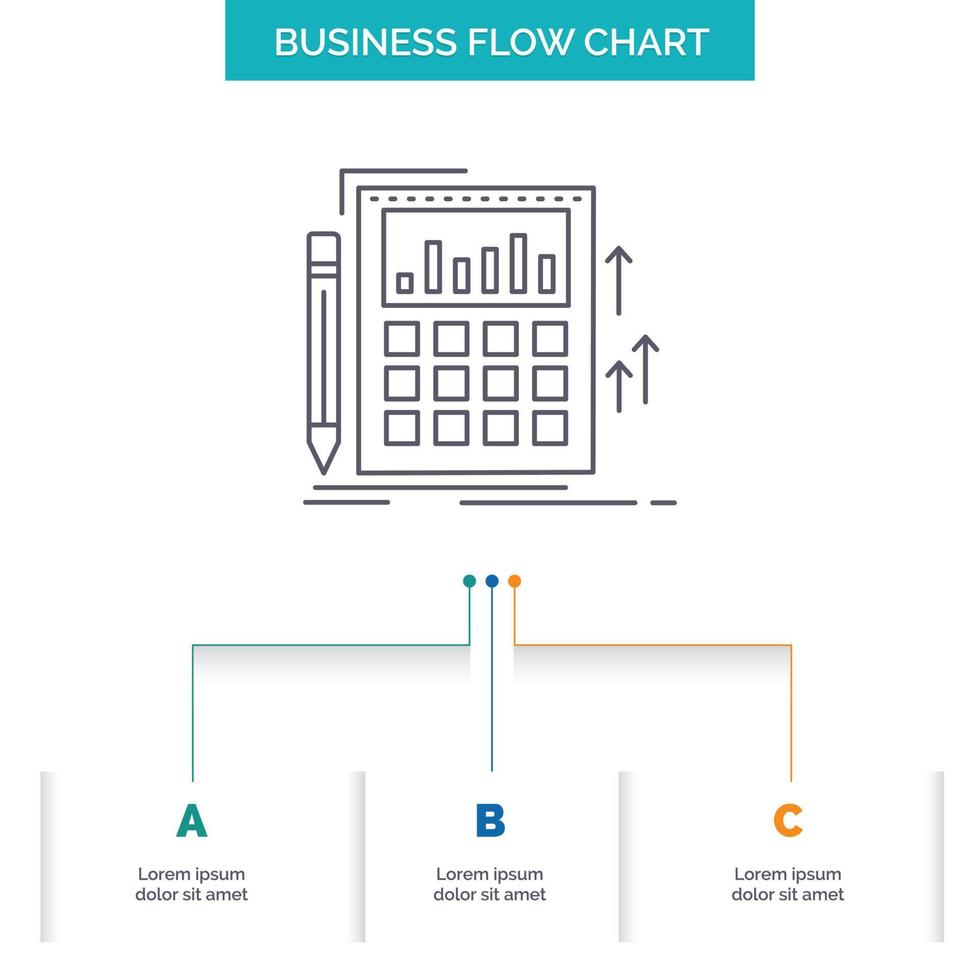 contabilidad. auditoría. bancario. cálculo. diseño de diagrama de flujo de negocios de calculadora con 3 pasos. icono de línea para el lugar de plantilla de fondo de presentación para texto vector