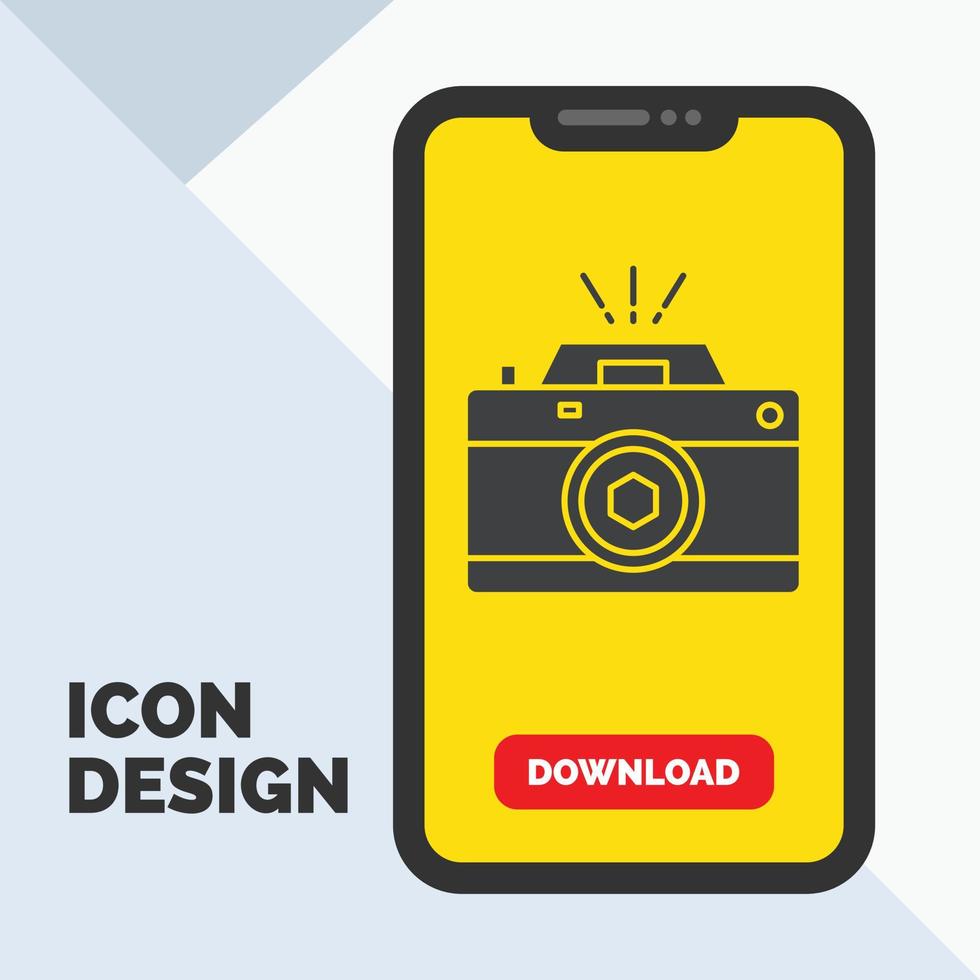 Camera. photography. capture. photo. aperture Glyph Icon in Mobile for Download Page. Yellow Background vector