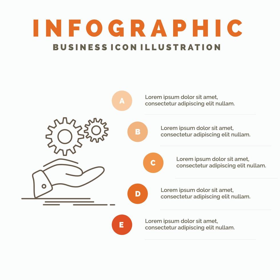 solución. mano. ocurrencia. engranaje. plantilla de infografía de servicios para sitio web y presentación. icono de línea gris con ilustración de vector de estilo infográfico naranja