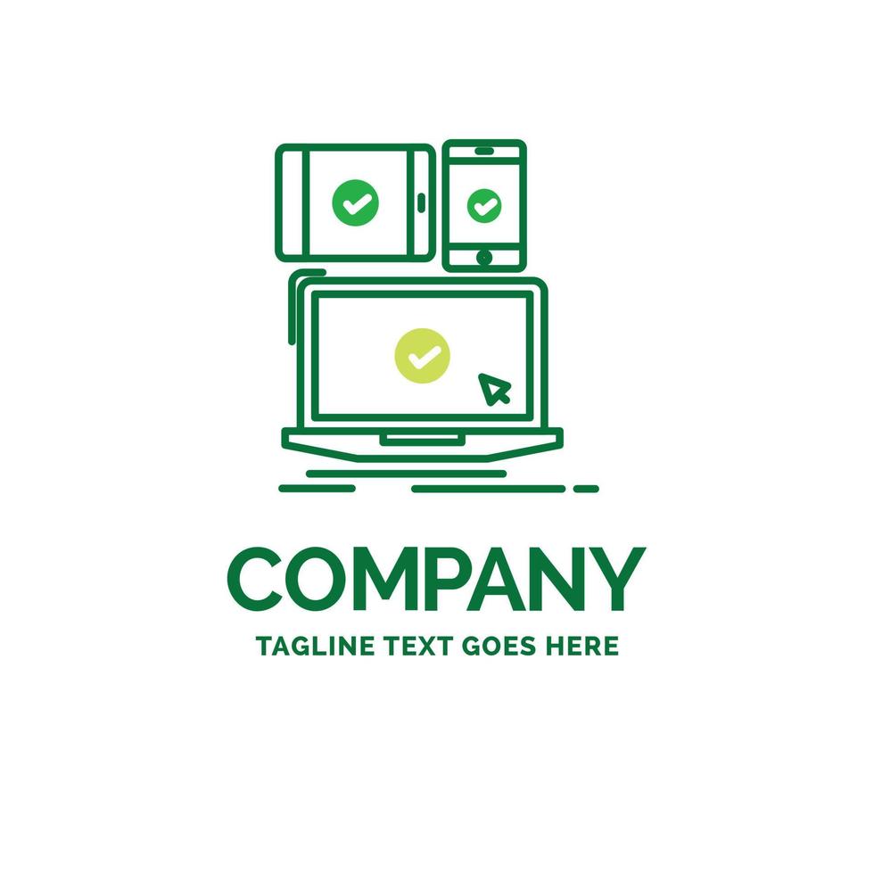 computadora. dispositivos. móvil. sensible. plantilla de logotipo de empresa plana de tecnología. diseño creativo de marca verde. vector